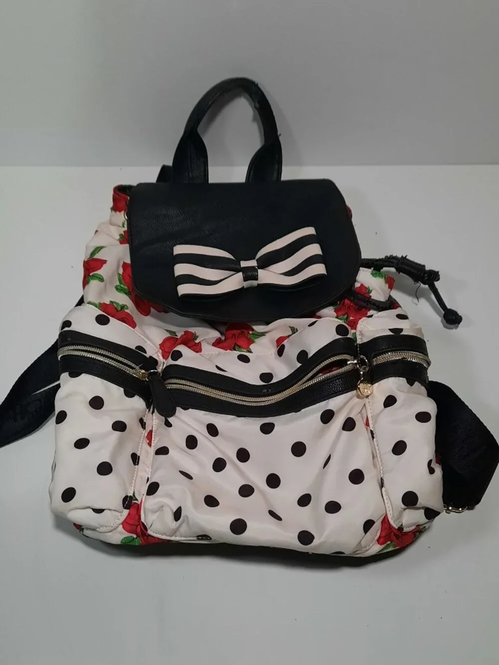 Betsey Johnson Floral Backpack White Polka Dot Roses Y2K Style Backpack Bag